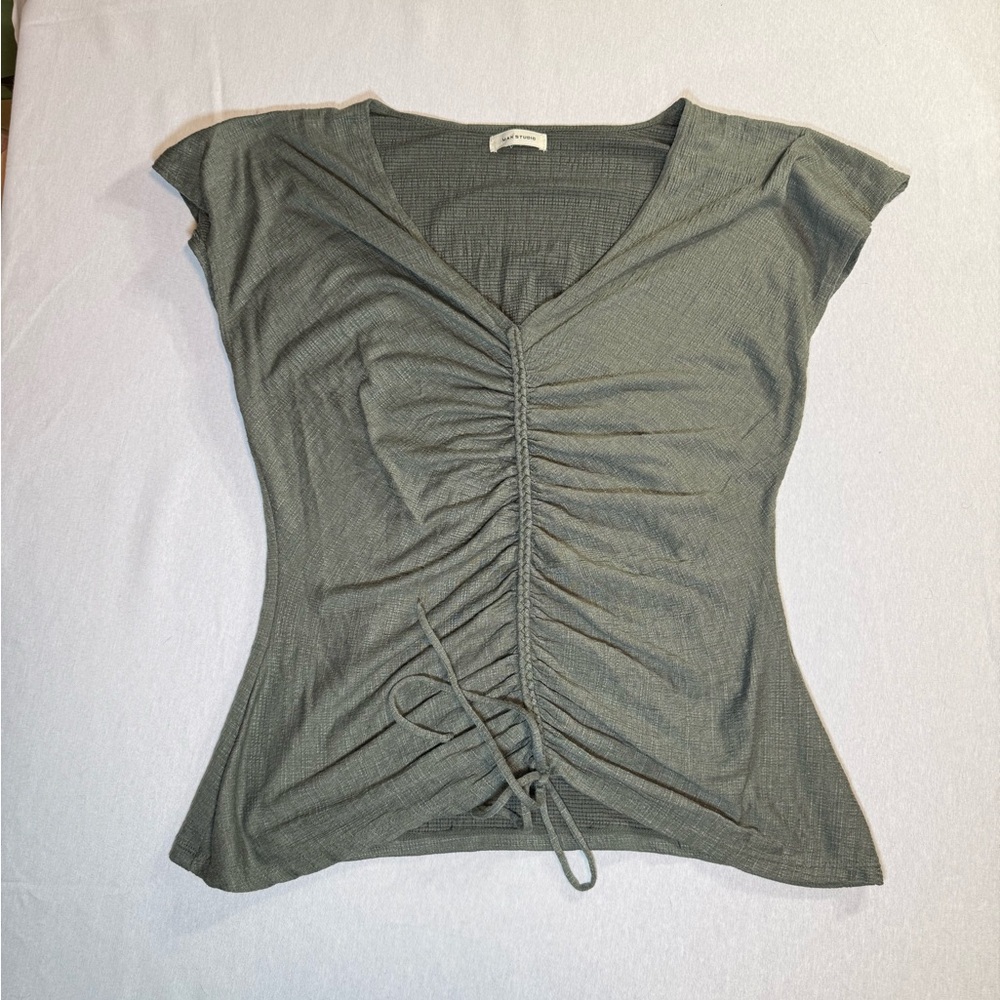 Max Studio Olive Ruched Drawstring Top